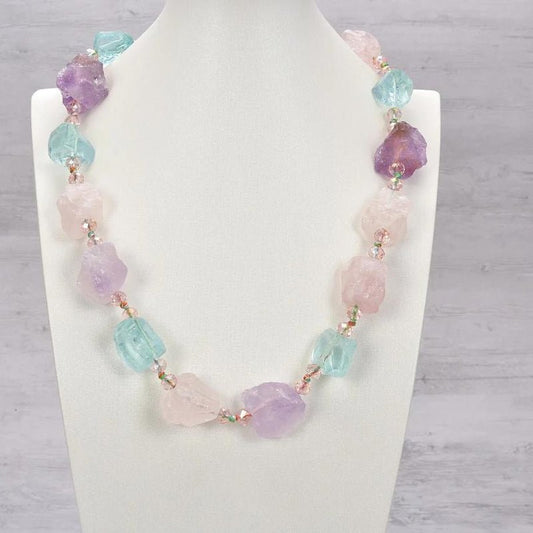 Natural Semi-Precious Rose Quartz, Amethyst and Blue Quartz Stone Necklace - Turquoise Trading Co
