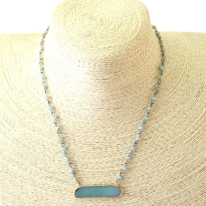 Natural Teal Turquoise Stone Pendant with Blue Bead Link Chain - Turquoise Trading Co