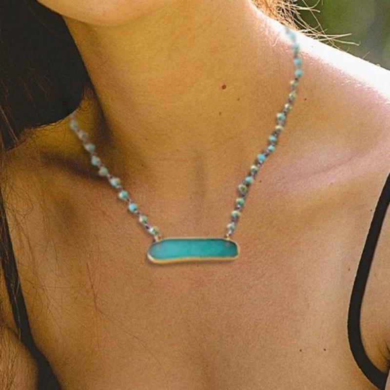 Natural Teal Turquoise Stone Pendant with Blue Bead Link Chain - Turquoise Trading Co