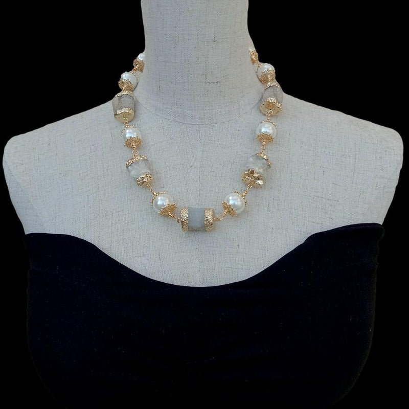 Natural White Quartz Druzy Stone and White Sea Shell Pearl Statement Necklace 20" - Turquoise Trading Co