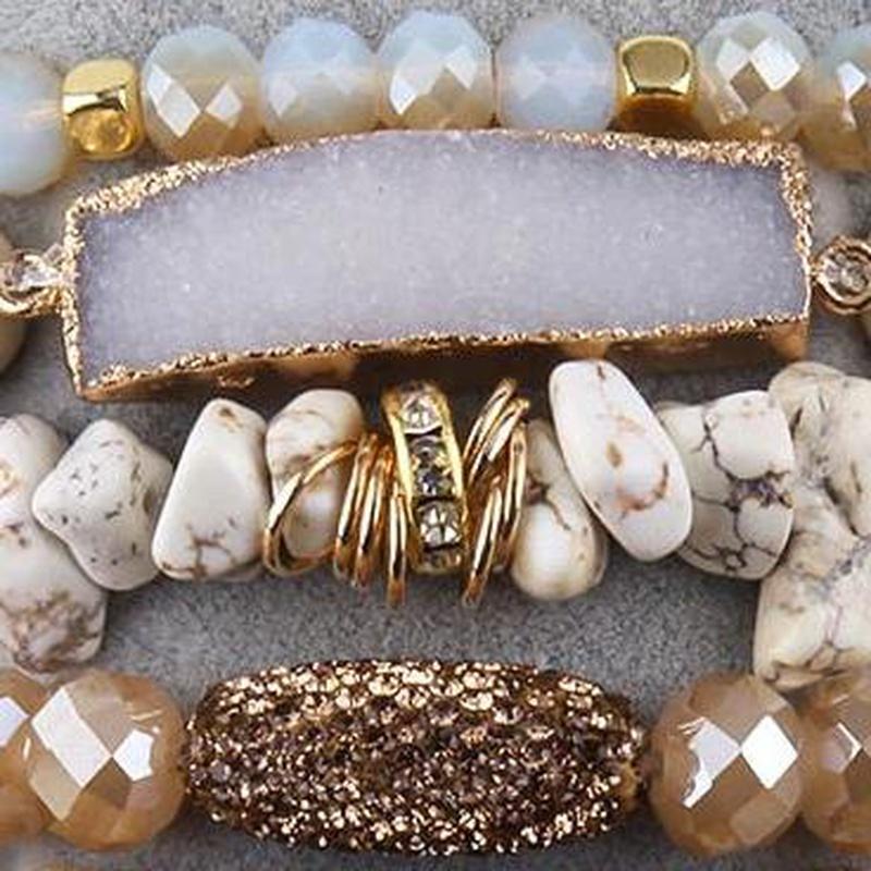 Off White & Beige 5 Piece Mixed Beaded Bracelet Set With Druzy Stone - Turquoise Trading Co