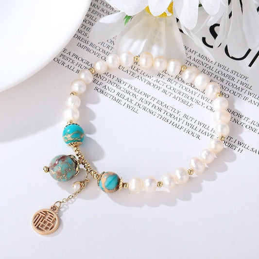Pearl Bracelet With Turquoise Beads and Charms - Turquoise Trading Co