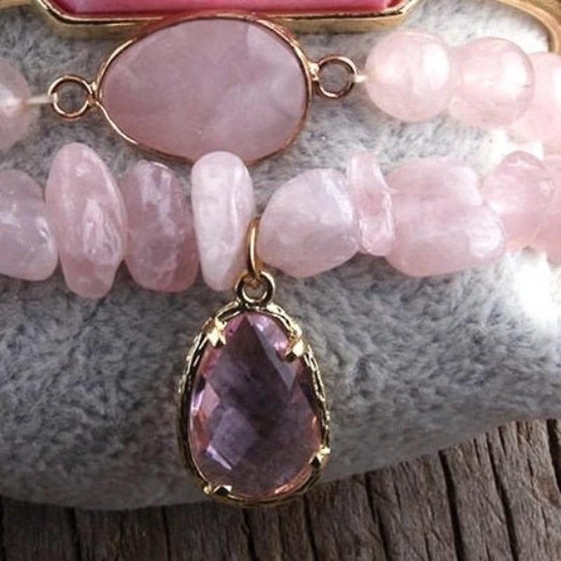Pink and Pink Quartz 6 Piece Beaded Bracelet Set With Gold Leaf Bangle - Turquoise Trading Co