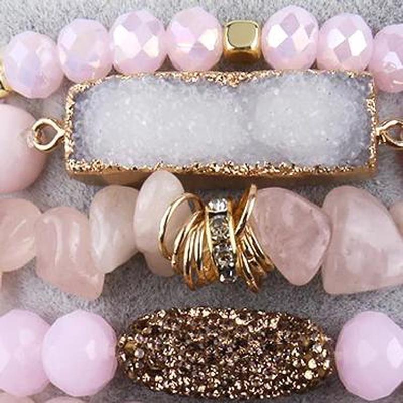 Pink Quartz 5 Piece Mixed Beaded Bracelet Set With Druzy Stone - Turquoise Trading Co