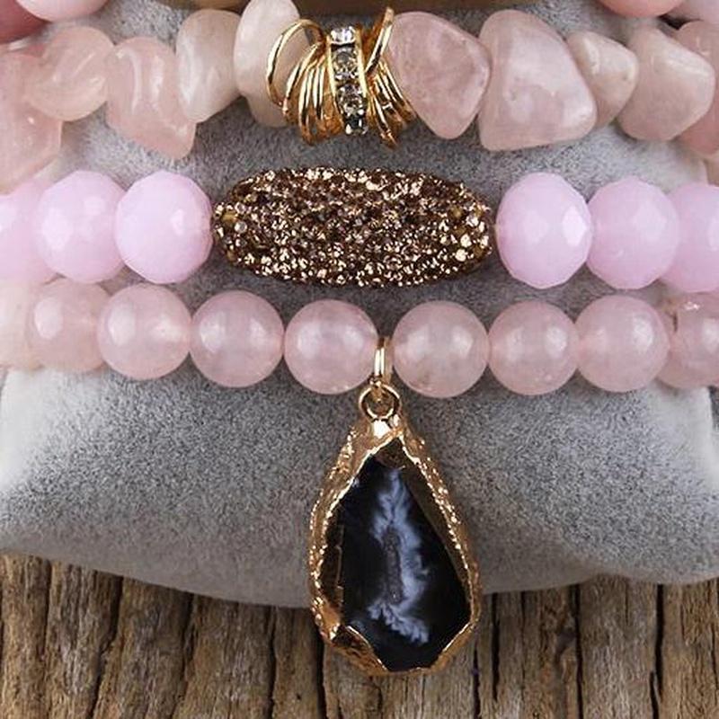 Pink Quartz 5 Piece Mixed Beaded Bracelet Set With Druzy Stone - Turquoise Trading Co