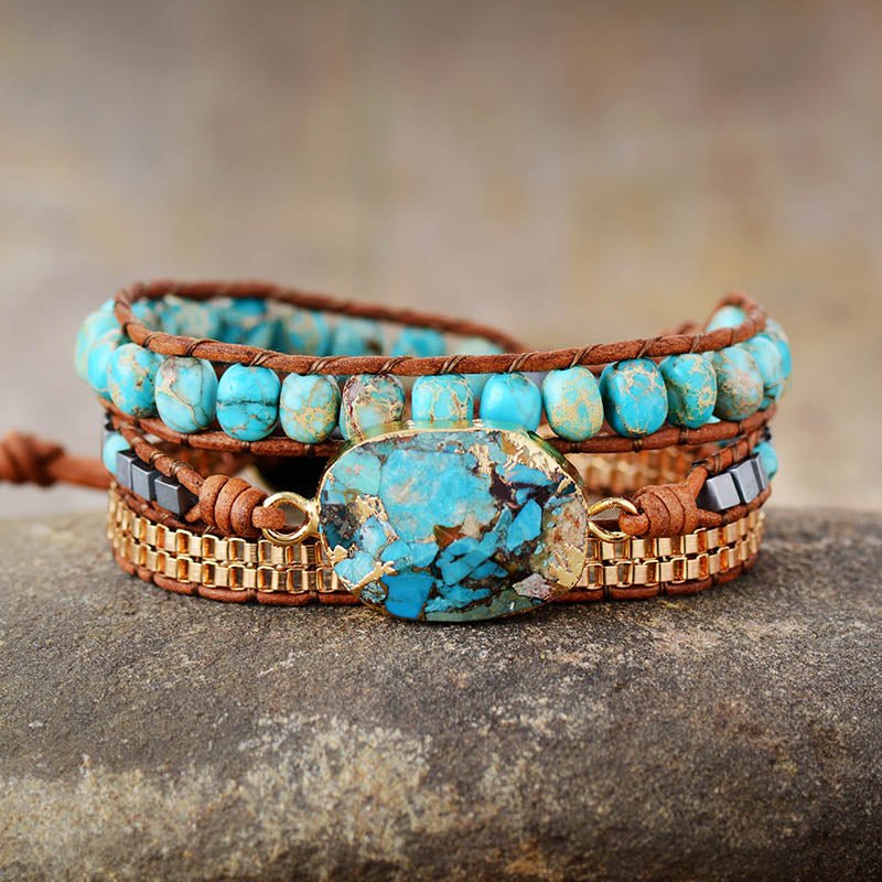 Premium Leather Wrap Bracelet with Turquoise Stone and Beads - Turquoise Trading Co