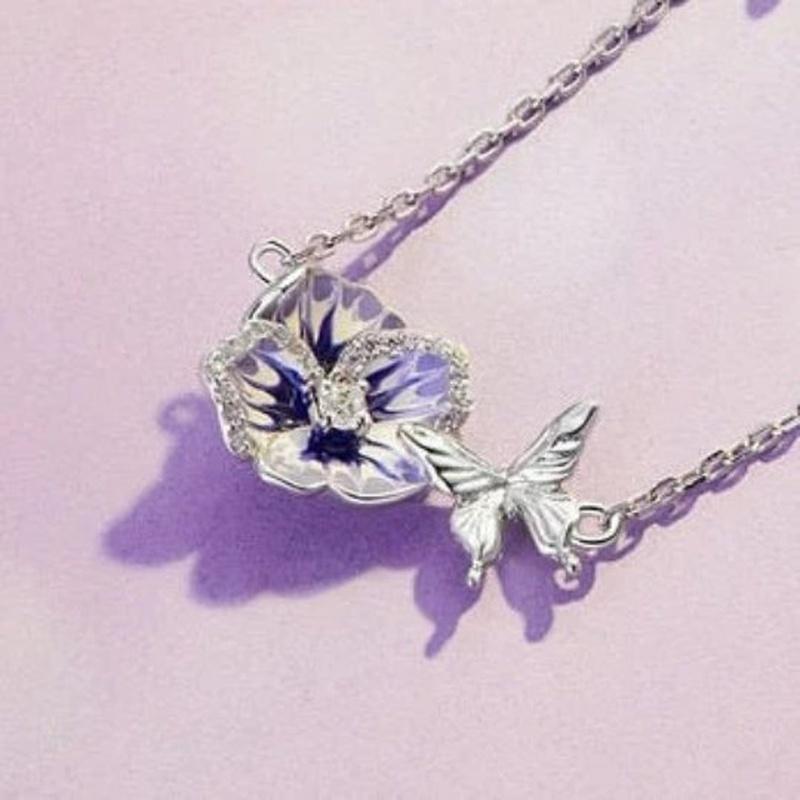 Purple Flower and Butterfly 925 Sterling Silver Necklace - Turquoise Trading Co