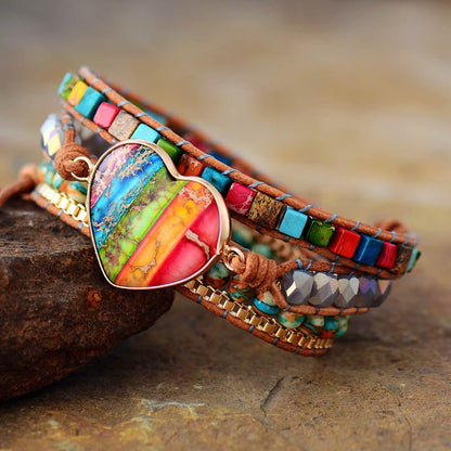 Rainbow Heart Chara LBGTQ Leather Wrap Jasper Stone Bracelet - Turquoise Trading Co