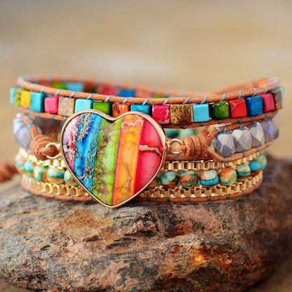 Rainbow Heart Chara LBGTQ Leather Wrap Jasper Stone Bracelet - Turquoise Trading Co