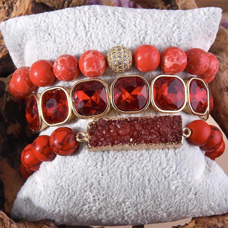 Red 3 Piece Beaded Bracelet Druzy Stone Set - Turquoise Trading Co