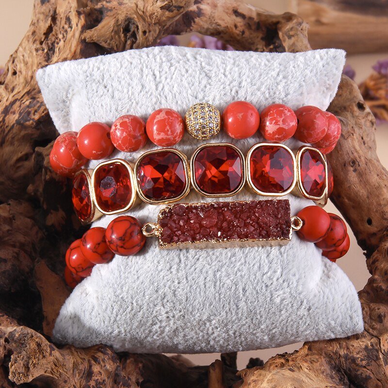 Red 3 Piece Beaded Bracelet Druzy Stone Set - Turquoise Trading Co