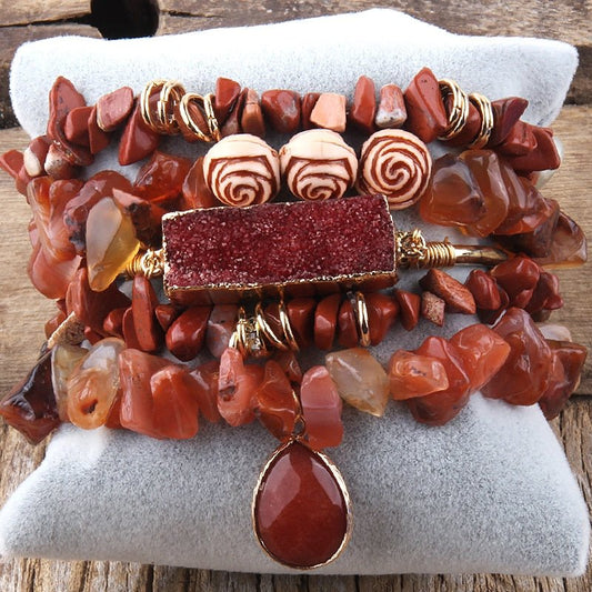 Red 5 Piece Irregular Bead Bracelet Set With Druzy Stone - Turquoise Trading Co