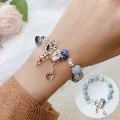 Sky Blue Beaded Bracelet With Flower Charms And Gold/Crystal Accents - Turquoise Trading Co