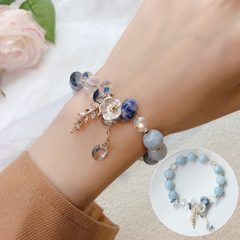Sky Blue Beaded Bracelet With Flower Charms And Gold/Crystal Accents –  Turquoise Trading Co