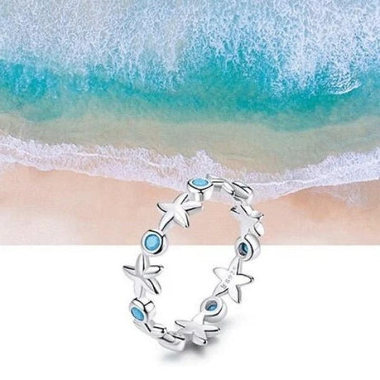 Starfish and Turquoise CZ Ocean Ring With 925 Sterling Silver - Turquoise Trading Co