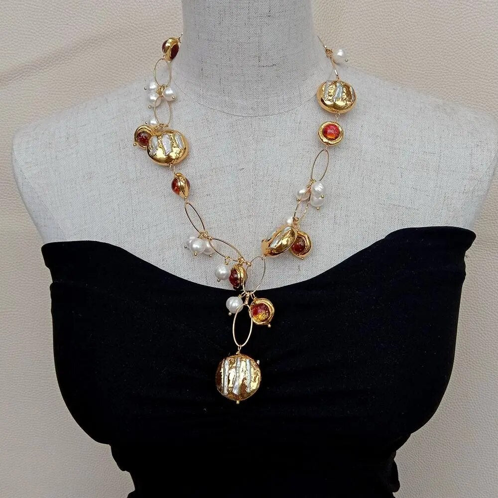 Statement Freshwater Baroque Pearl and Amber Brown Murano Glass Necklace 21" - Turquoise Trading Co
