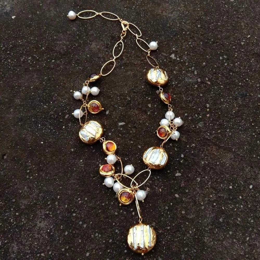 Statement Freshwater Baroque Pearl and Amber Brown Murano Glass Necklace 21" - Turquoise Trading Co
