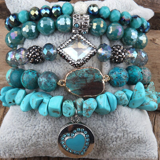Teal and Turquoise 5 Piece bracelet Set with Stone and Charms - Turquoise Trading Co
