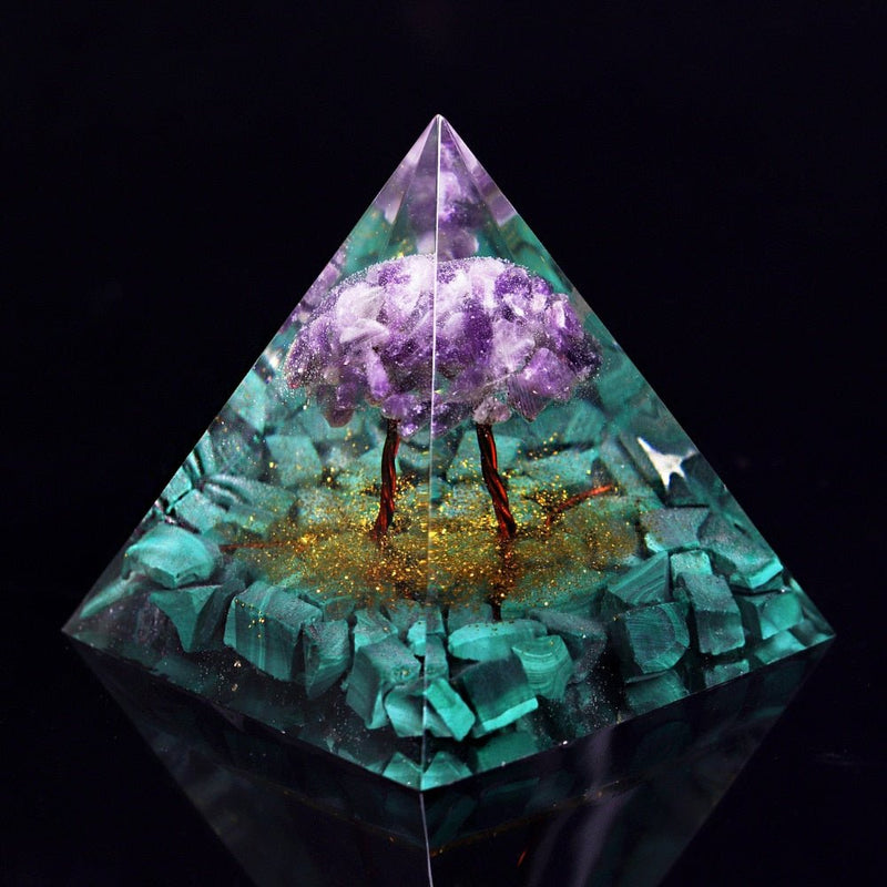 Tree Of Life Orgone Pyramid With Malachite, Amethyst and Copper - Turquoise Trading Co