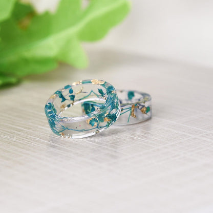 Turquiose And Teal Dried Flower and Foil Handmade Resin Ring - Turquoise Trading Co