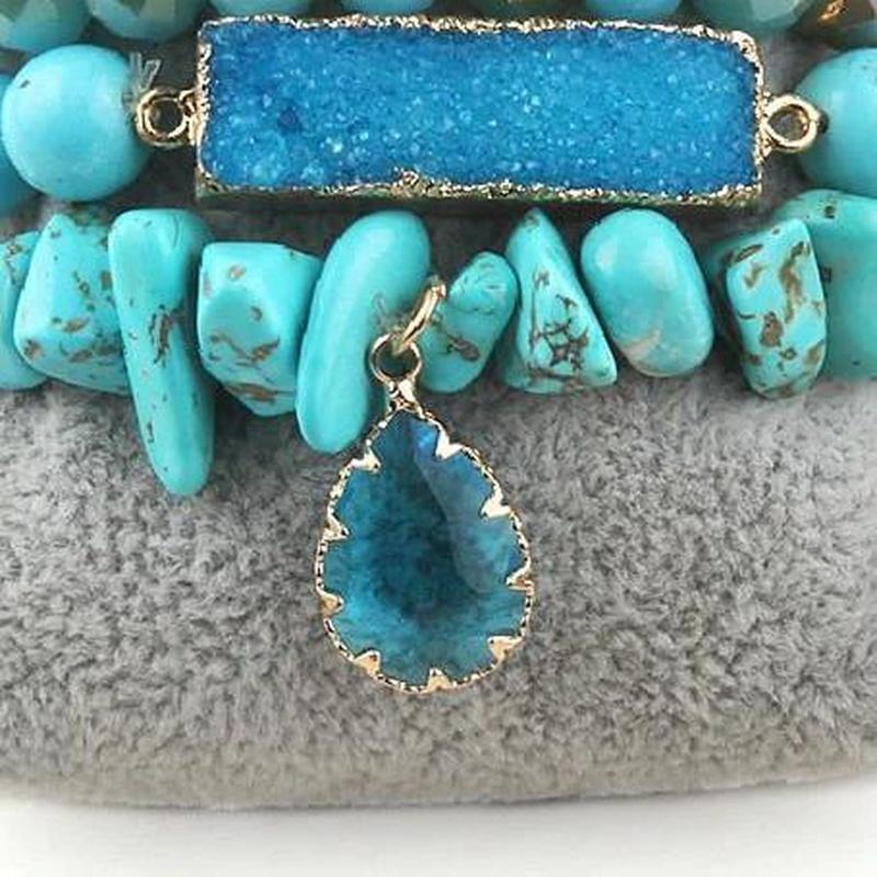 Turquoise 6 Piece Beaded Bracelet Set with Natural Stone Pendant, Stone, and Beads with Gold Bangle - Turquoise Trading Co
