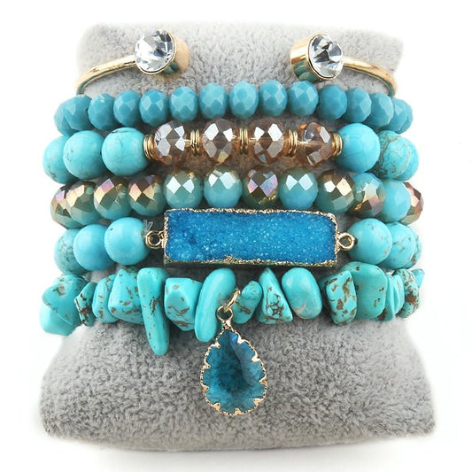 Turquoise 6 Piece Beaded Bracelet Set with Natural Stone Pendant, Stone, and Beads with Gold Bangle - Turquoise Trading Co