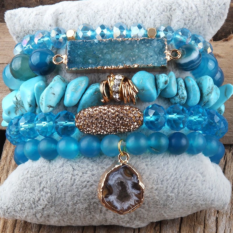 Turquoise and Blue 5 Piece Mixed Beaded Bracelet Set With Druzy Stone - Turquoise Trading Co