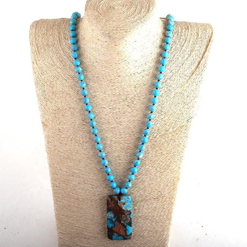 Turquoise And Jasper Square Stone Boho Pendant Necklace with Light Blue Turquoise Beads - Turquoise Trading Co