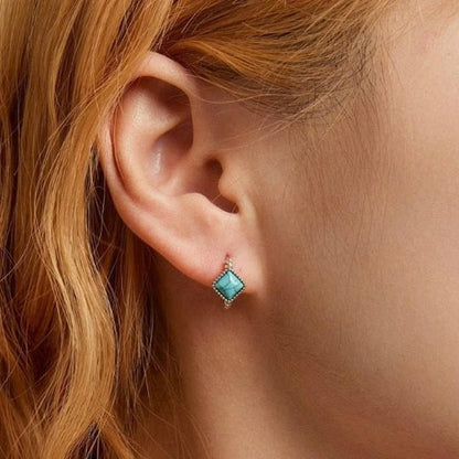 Turquoise Artificial Stud Diamond Shaped Buckle Earrings With 925 Sterling Silver - Turquoise Trading Co