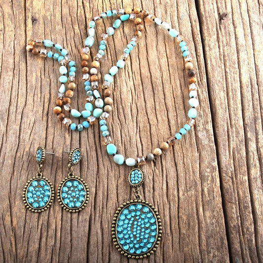 Turquoise Bead Earrings and Beaded Necklace Pendant Set With Mixed Natural Beads - Turquoise Trading Co
