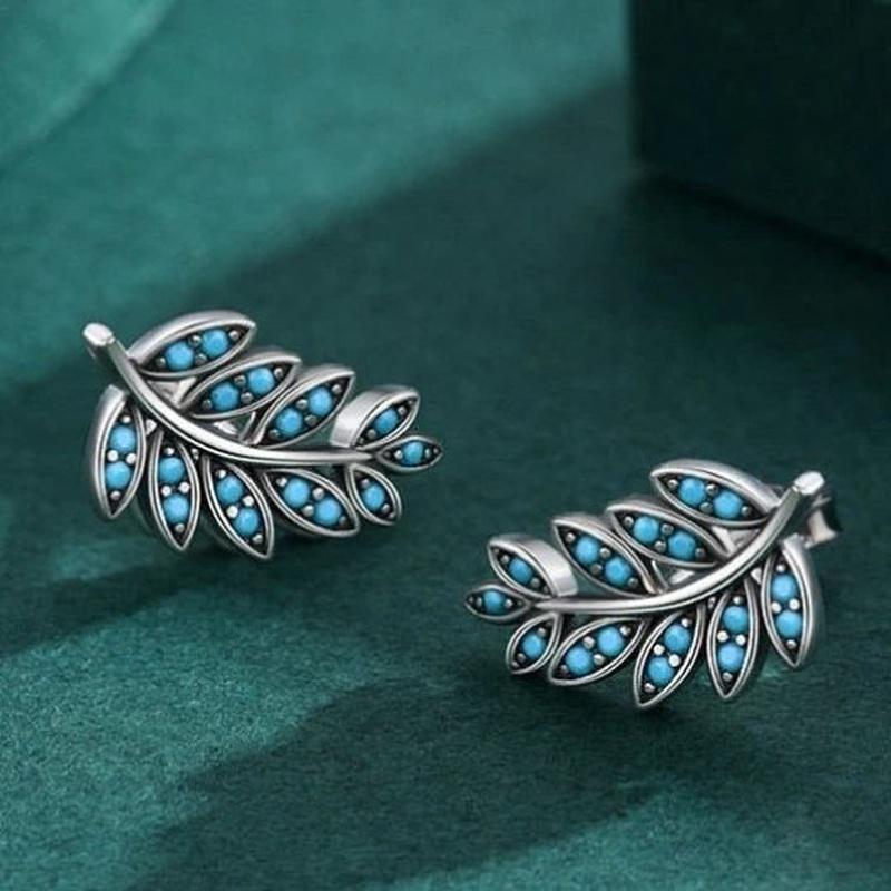 Turquoise Bead Stud Leaf Earrings With 925 Sterling Silver - Turquoise Trading Co