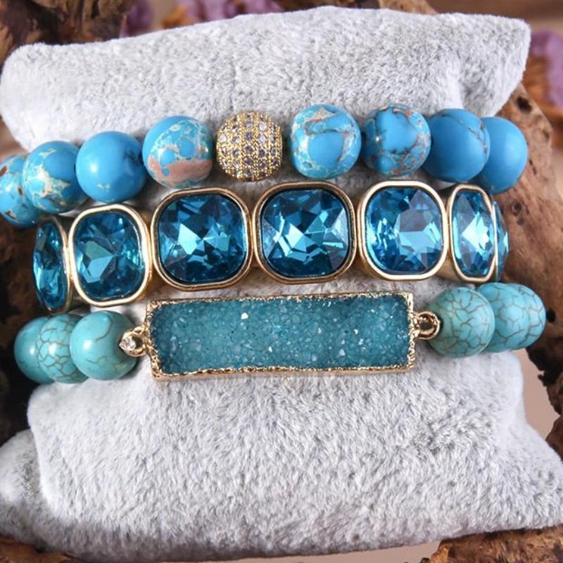Turquoise Blue 3 Piece Beaded Bracelet Druzy Stone Set - Turquoise Trading Co