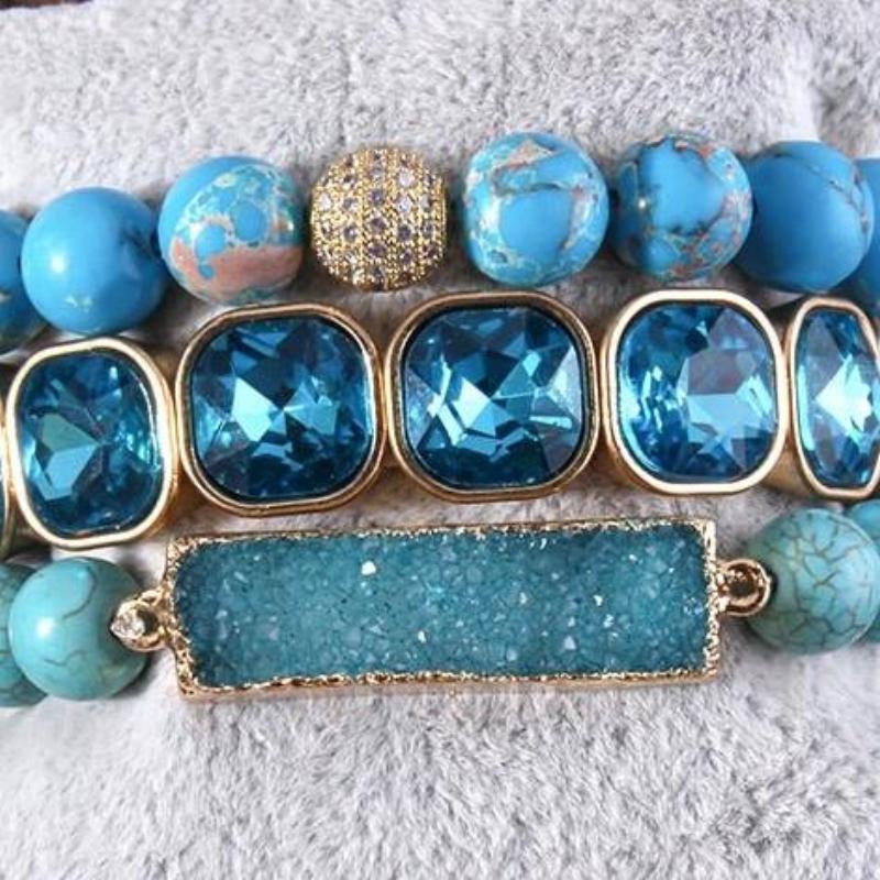 Turquoise Blue 3 Piece Beaded Bracelet Druzy Stone Set - Turquoise Trading Co
