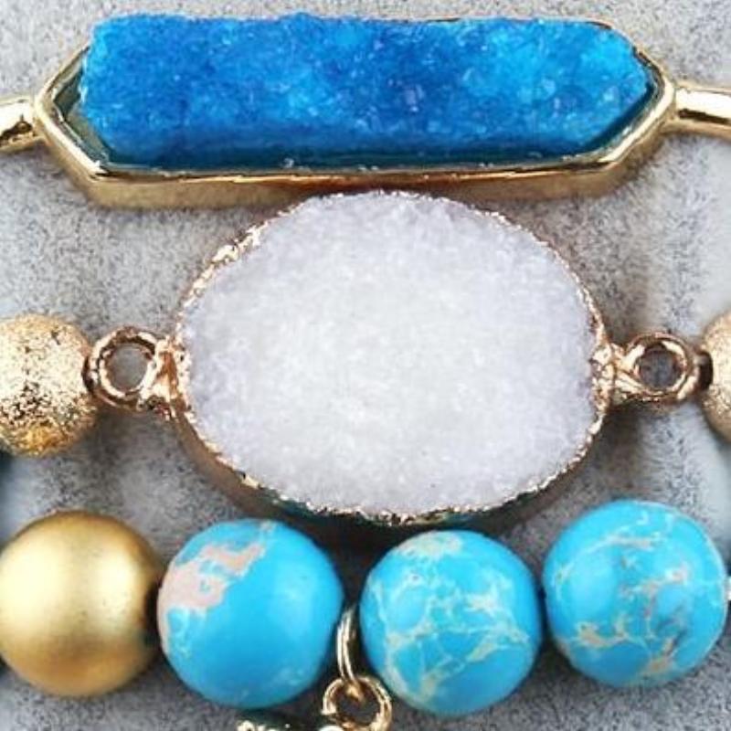 Turquoise, Blue, and Gold 3 Piece bracelet Set with Druzy Moon Charm - Turquoise Trading Co