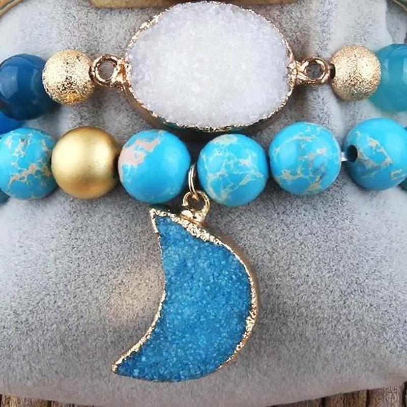 Turquoise, Blue, and Gold 3 Piece bracelet Set with Druzy Moon Charm - Turquoise Trading Co