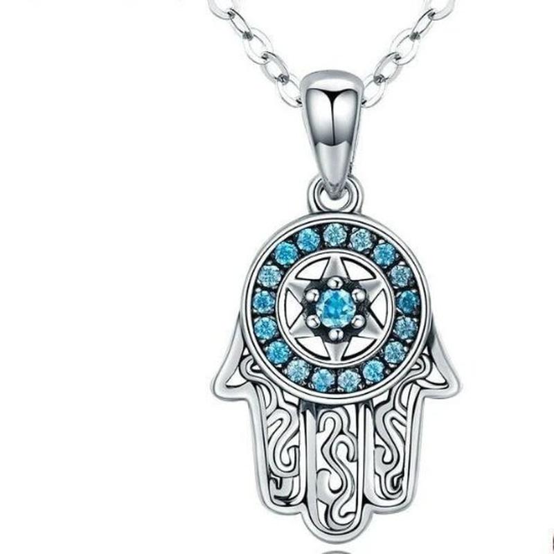 Turquoise CZ Hand of Fatima Pendant Necklace with 925 Sterling Silver - Turquoise Trading Co