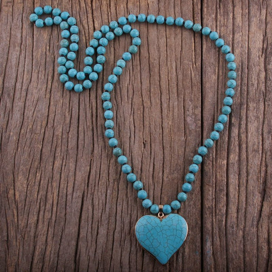 Turquoise Heart Stone Pendant Beaded Necklace With 8mm Turquoise Beads - Turquoise Trading Co
