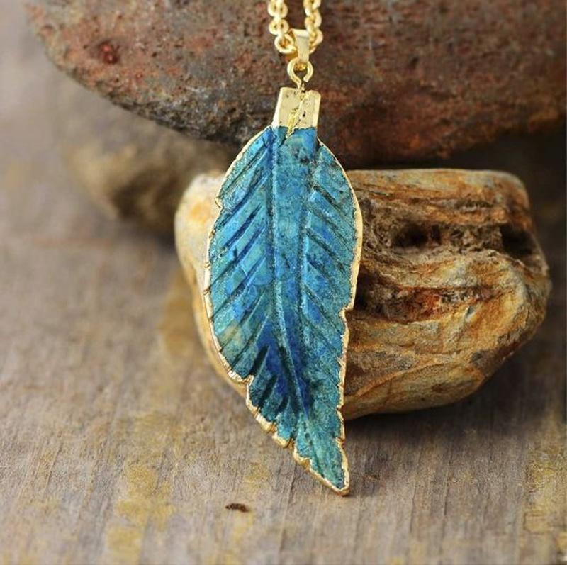 Turquoise Jasper Leaf Pendant Necklace with 14K Gold Plated Chain - Turquoise Trading Co