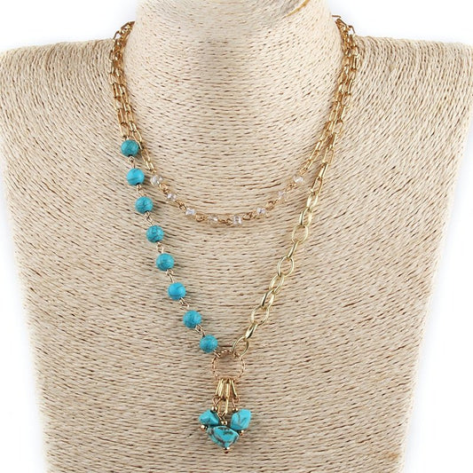 Turquoise Statement 2 Layer Gold Link Necklace With Turquoise Beads and Stones - Turquoise Trading Co