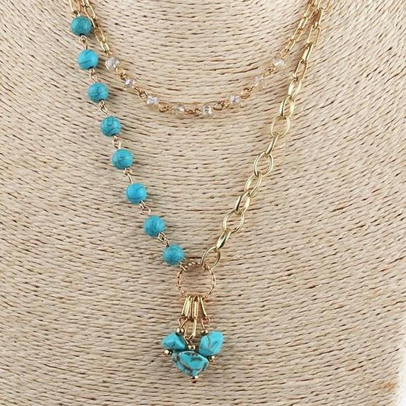 Turquoise Statement 2 Layer Gold Link Necklace With Turquoise Beads and Stones - Turquoise Trading Co