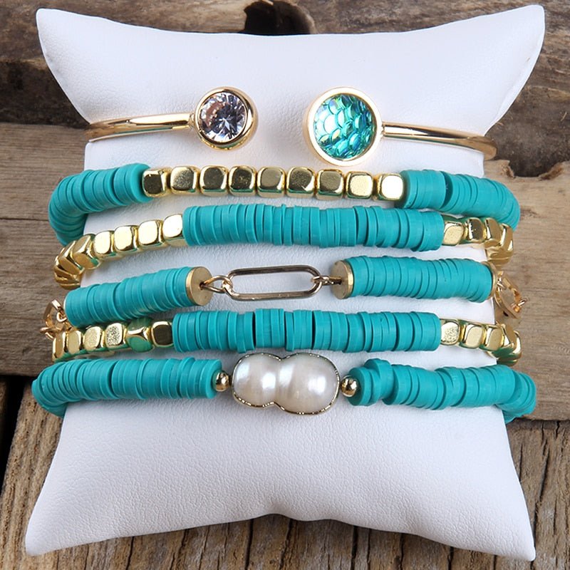 Turquoise Teal and Gold Beaded Bracelet Set With 6 Pieces - Turquoise Trading Co