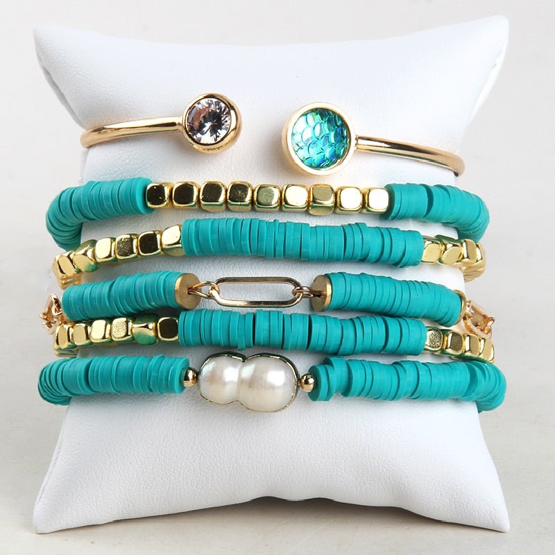 Turquoise Teal and Gold Beaded Bracelet Set With 6 Pieces - Turquoise Trading Co