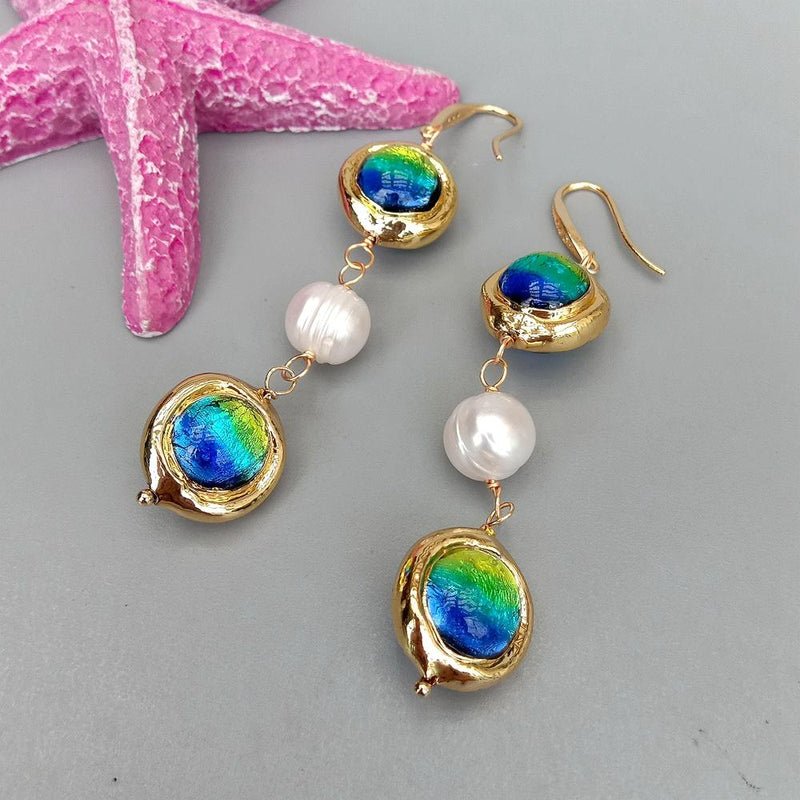 White Keshi Pearl and Blue Murano Glass Dangle Earrings - Turquoise Trading Co