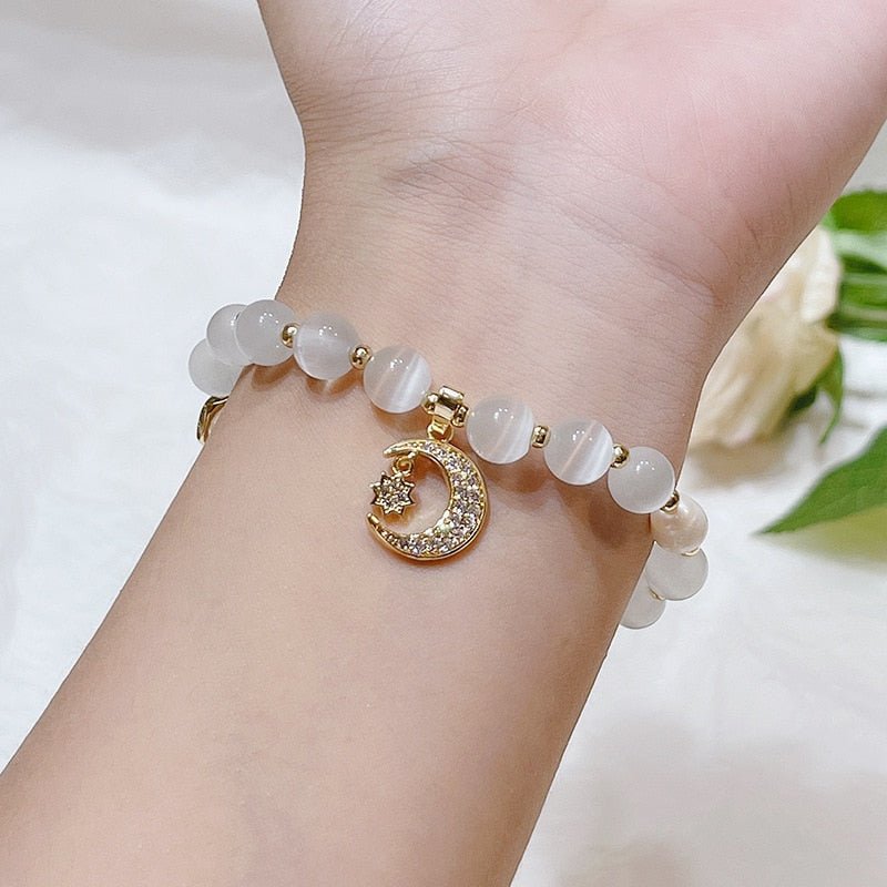 White Tiger's Eye Beaded Bracelet with Moon Charm and Gold Accent - Turquoise Trading Co