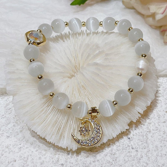 White Tiger's Eye Beaded Bracelet with Moon Charm and Gold Accent - Turquoise Trading Co