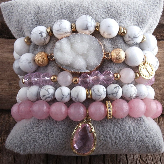 White Turquoise and Pink Quartz 5 Piece Beaded Bracelet Set With Druzy Stone - Turquoise Trading Co
