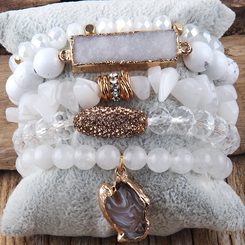 White Turquoise Beaded Bracelet 5 Piece With Quartz and Druzy Stone Charm - Turquoise Trading Co